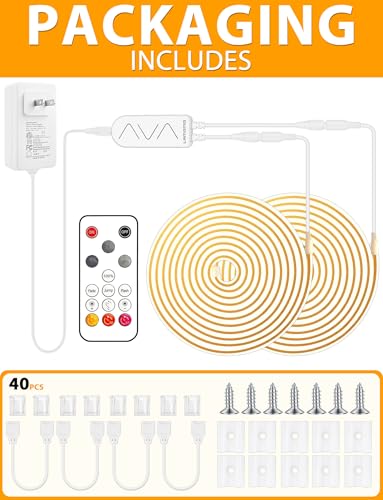 Image of Lamomo COB LED Strip Lights 65.6Ft, 2 Roll Warm White Dimmable Self-Adhesive Led Rope Light with Remote, Flexible Cuttable Waterproof 3000K Silicone Neon Tape Lights for Bedroom, Indoor, Cabinet