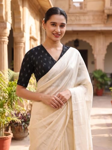 Image of Studio Shringaar Women's Black Cotton Handloom Ikat Readymade Saree Blouse