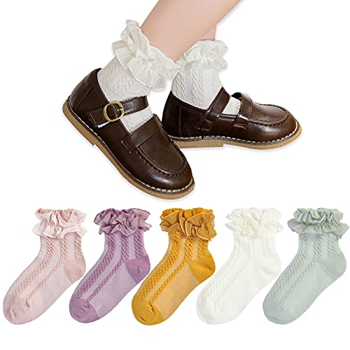 Image of Mini Angel Baby Girl 5/6 Pairs Toddler Triple/Double Ruffle Lace Socks With Frilly Bow - Dress Ankle Socks