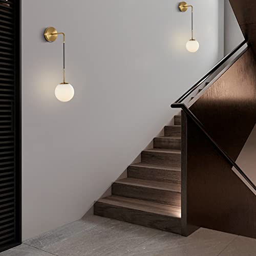 Image of KCO Lighting Frosted White Glass Wall Sconce Set of Two Brass Gold Globe Ball Wall Light Adjustable Cord Industrial Vanity Wall Lamp for Bathroom Mirror Bedside Stairs (White)