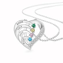 Personalized Mom Necklace with 2-6 Birthstones - 925 Sterling Silver Engraved Names Mothers Day Jewelry Gifts for Mom Grandma, Custom Family Birthstone Heart Pendant Necklace for Women