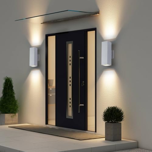 Image of Cerdeco 13 inch White Square Modern Outdoor Wall Light Exterior Wall Sconce | E26 Base,UL listed,Aluminum Up and Down Lights Outdoor Exterior Wall Light Fixture Porch Light for House Garage Patio Garden