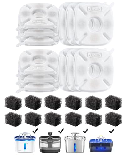 Veken Cat Water Fountain Filter Classic 12 Pack Replacement Filters & 12 Pack Replacement Pre-Filter Sponges for 50oz 84oz 95oz or 108oz Automatic Pet Fountain Dog Water Dispenser