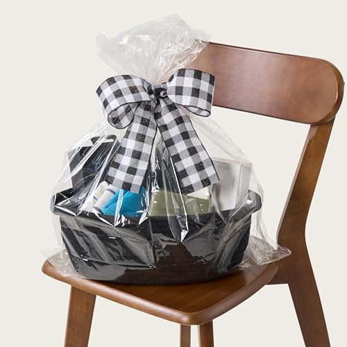 Image of Small Woven Gift Basket Empty with Bag & Ribbon, Storage Basket for Father's Day for Dad, Baby Shower, Raffle, Birthday, Cute Organizer with Handles, 12 inchx8 inchx5 inch, Black /Black Check