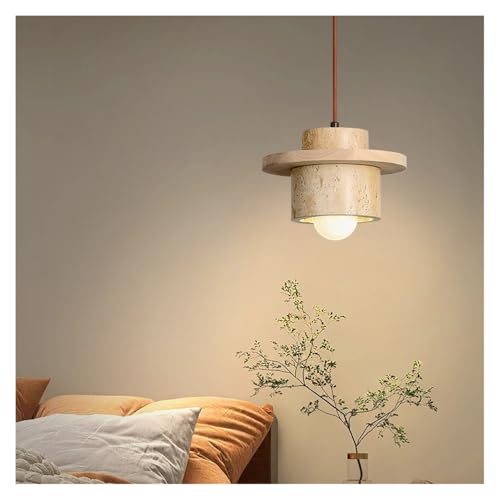 Lustre moderne en travertin jaune et bois avec lampe LED suspendue