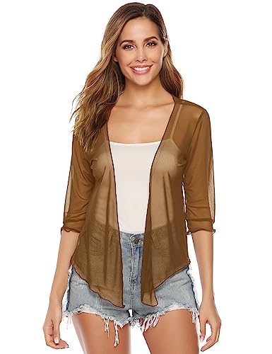 Image of Aiboria Womens 3 /4 Sleeve Shrug Sheer Mesh Bolero Tie Front Cropped Cardigan S-XXL