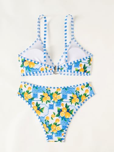 Image of Fanuerg Women's Triangle Bikini Sets O Ring Linked Two Piece Swimsuits Floral Printed Cheeky Bathing Suit