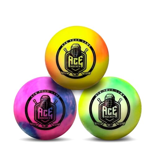 ACE HOCKEY Rainbow Street Hockey Balls - 3-Pack with Mesh Bag - No-Bounce Outdoor Play PVC Balls for Street, Roller & DEK Hockey - Official Size 2 5/8\" - High Visibility Bright Colors