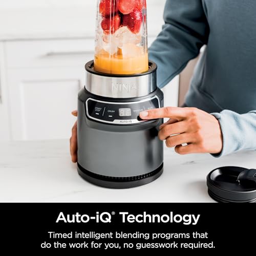 Ninja Nutri Pro Compact Personal Blender, Auto-iQ Technology, 1100 Peak-Watts, for Frozen Drinks, Smoothies, Sauces & More, With To-Go Cups & Spout Lids, Easy to Clean, Grey (CL 401-A)