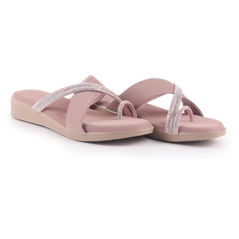 Image of FAUSTO Women Embellished Shimmery Cross Strap Toe Ring Wedding Slip On Slippers | Soft Cushioned Footbed Wedge Sandals | Party, Mehndi, Festive