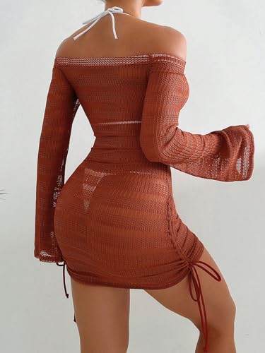 Image of ZAFUL Womens Swimsuit Cover Up Dress Off Shoulder Hollow Coverup Bathing Suit Mesh Swim Beach Dress