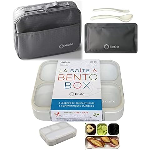 kinsho Bento-Box with Lunch Bag and Ice Pack Set. Containers for Kids Adults Boys Girls Snacks and Lunches. 4 Compartments, Leakproof Portion Container Boxes Insulated Bags for School, Grey Cover