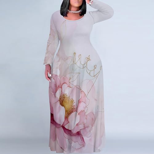 Image of PinkPatty Plus Size Maxi Dress for Curvy Women Crew Neck Long Sleeves Casual Dress Vacation Sundresses with Pockets