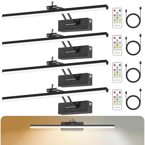 YAYIT 6 Colors Picture Lights for Wall, 16in Battery Operated Picture Light Rechargeable with Remote Timer, Dimmable Art Light for Wall Painting, Frame, Gallery, 4 Pack (Black)