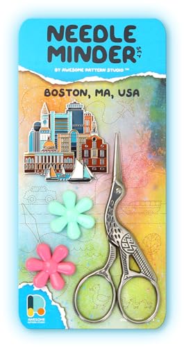 Image of Awesome Pattern Studio Needle Minder Set - Boston Magnetic Needle Minder + 2 Needle Threaders + Crane Scissors. Enamel Pin for Cross Stitch, Embroidery and Craft