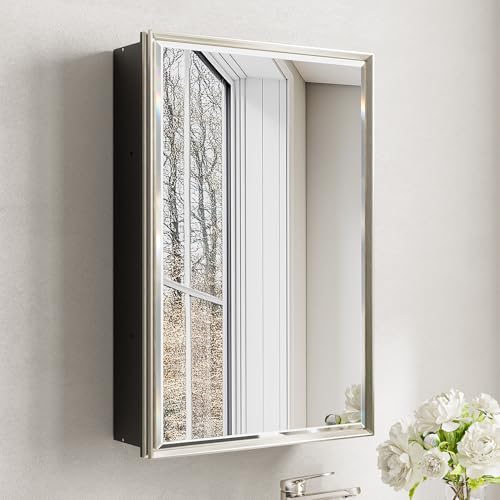 QueenFun Brushed Nickel Medicine Cabinet, 16''x 24'' Recessed or Surface Framed Medicine Cabinet with Beveled Mirror Pre-Assembled, Reversible Bathroom Storage Vanity Cabinet with Adjustable Shelves