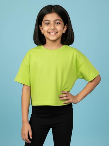 Image of KiddoPanti Girls 100% Cotton Solid Drop Shoulder Half Sleeve Round Neck Crop Tee
