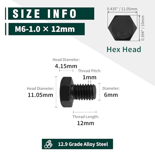 Image of M6-1.0 x 12mm Hex Bolts, 12.9 Grade Alloy Steel, Black Oxide Finish, Full Thread, Coarse Thread UNC, Hexagon Head Bolts 25 PCS