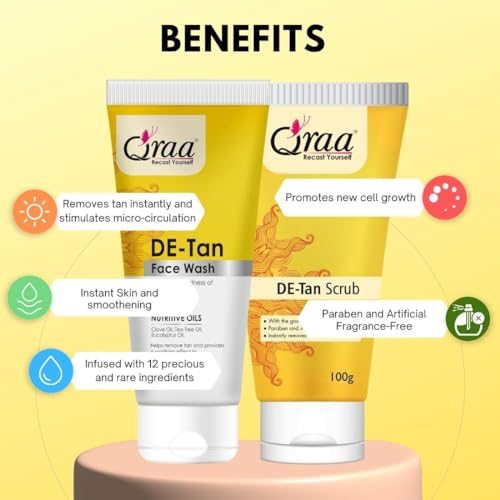 Image of Qraa De-Tan Combo Pack for Men & Women | De-Tan Scrub 100g & De-Tan Face Wash 100g | Removes Tan, Dirt & Impurities | Brightens & Revitalizes Skin | Pack of 2 (200g Each)