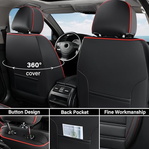 Image of Coverado Car Seat Covers Full Set, Black Redline Seat Covers for Cars, Automotive Seat Covers, Waterproof Nappa Leather Front Seats and Back Car Seat Protector, Universal Fit for Most Cars SUV Trucks