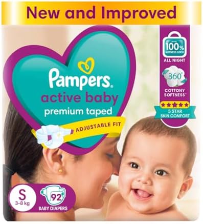 Pampers Active Baby Taped Diapers, Small size diapers, (S) 92 count, taped style custom fit