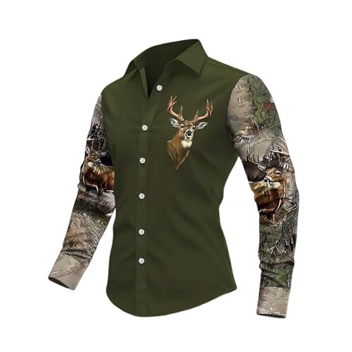 Generisch Camisa casual para hombre con mangas de contraste en estampado de camuflaje, camisa de manga larga con botones y gráfico de astas de ciervo | Camisa de caza y exterior para hombres, Estilo