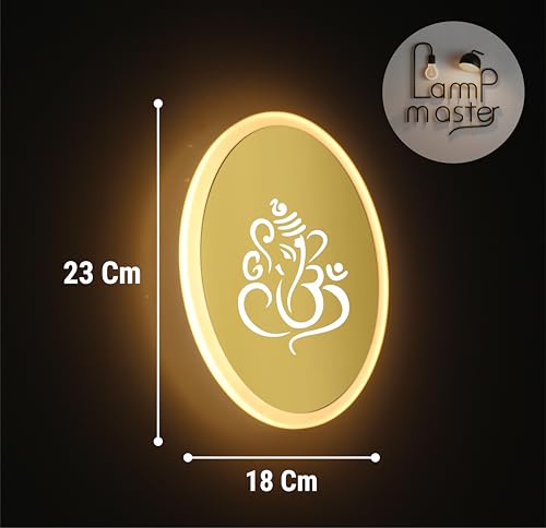 Image of Ganpati LED Wall Light - Gold & Frosted Acrylic | 23cm | Warm White | Ideal for Temple, Living Room, Bedroom, Pooja Room, Mandir, Shops, Hotel (Oval - Ganesh - Gold)