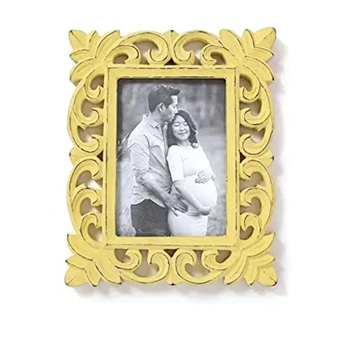 Image of Wooden Hand Carved Rectangular Photo Frame for Wall Mounted and Tabletops Display - 5x7 Inches Picture Frame - Wood Carving Decorative Home Decor Accessories Distressed Finish (Yellow)