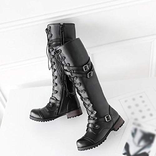 Hbeylia Women's Motorcycle Riding Boots Fashion Leather Metal Buckle Lace Up Knee High Chunky Heel Goth Combat Boots Gothic Punk Low Heel Military Over The Knee Winter Tall Boots For Women2