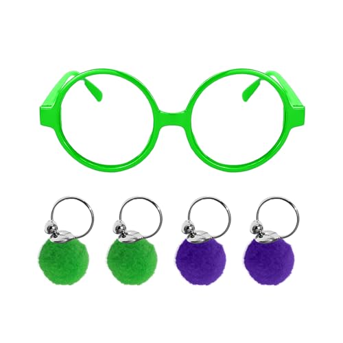 KRYMSON 1 marco de gafas retro, 2 pares de pendientes de bola de piel, marco redondo, montura sin lente, gafas decorativas para niños, gafas coloridas y juego de pendientes