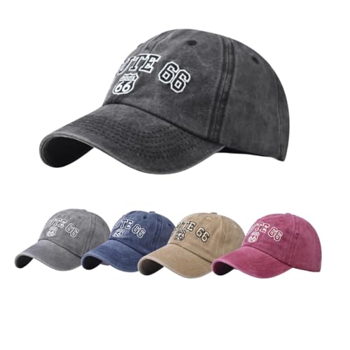 Vintage Washed Cotton Baseball Caps for Women Men Classic Route 66 Embroidered Sun Protection (Black M/L)
