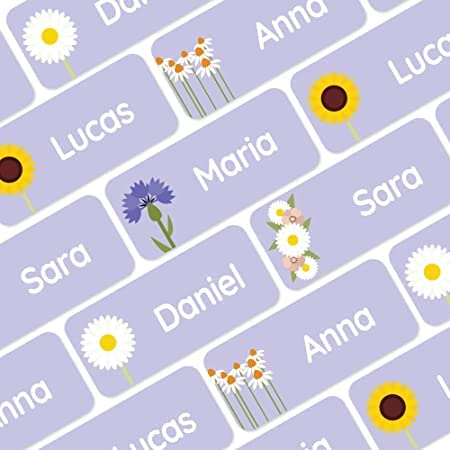 My Nametags® Award-Winning Name Stickers for Clothes & Items | 56 No-Iron, Washable Stick-On Tags for Babies, Kids & Adults | Flower Stickers (Purple)