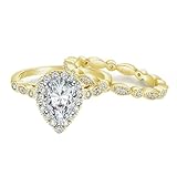 Anillos de boda de plata de ley 925 para mujer, juego de 2 anillos de compromiso con circonita cúbica en forma de lágrima de 1,5 quilates de 6 x 9 mm, Metal, Circonita cúbica