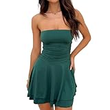 Fuimsul Women Sexy Ruched Strapless Tube Mini Dress Sleeveless Backless Tiered Layered Ruffle Hem A-Line Short Dress Green