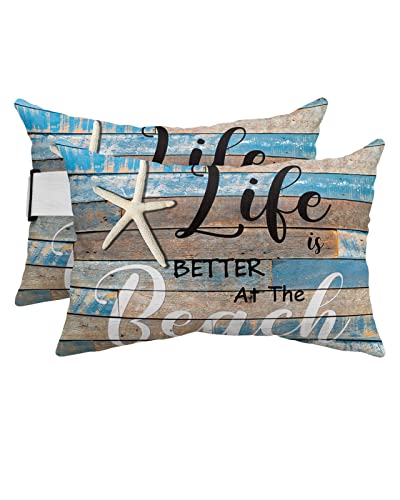 Beach Life - Almohadas de cabeza con estrella de mar para silla reclinable, paquete de 2 fundas de cojín impermeables con inserto y correa elástica, almohada de cuello de tablón de madera vintage para