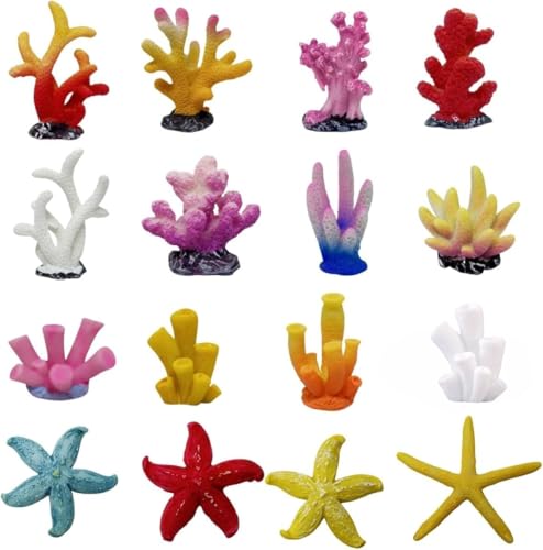 Image of 16 Pcs Aquarium Coral Plant Decor,Vivid Multicolor Resin Artificial Coral Reef Sea Star Decor for Fish Tank Aquarium Landscape Table Home Decor Garden Pond Micro Landscape Scenery