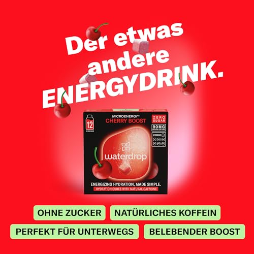 waterdrop® Microenergy CHERRY – 36 Waterdrop Drops Würfel mit natürlichem Koffein 90mg – Alternative zu Energy Drinks – Zuckerfreies Geschmackspulver für Getränke – Flavour Drops im Wasser auflösen 3