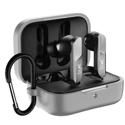 Image of Sounce Earphone Case Cover for Boat Airdopes 800 TWS Soft Silicone Skin Case Cover Shock Absorbing Protective Case with Keychain [Front LED Visible] - Grey