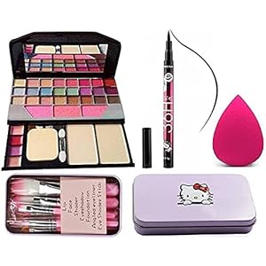 Women’s & Girl’s Tya 6155 Multicolour Makeup Kit and 7 Pink Makeup Brushes Set, 36H Waterproof Eyeliner Pencil with Pink Beauty Blender – (Pack of 10)