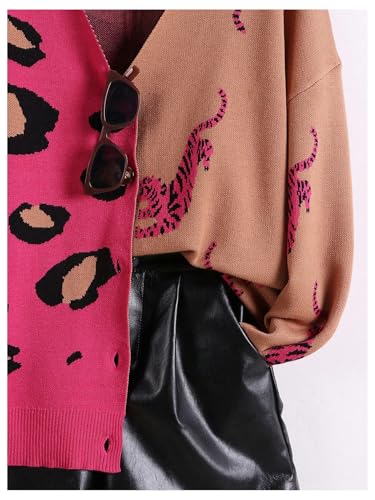 Image of WDIRARA Women's Leopard Tiger Print Cardigan V Neck Long Sleeve Color Block Button Down Sweater Outwear