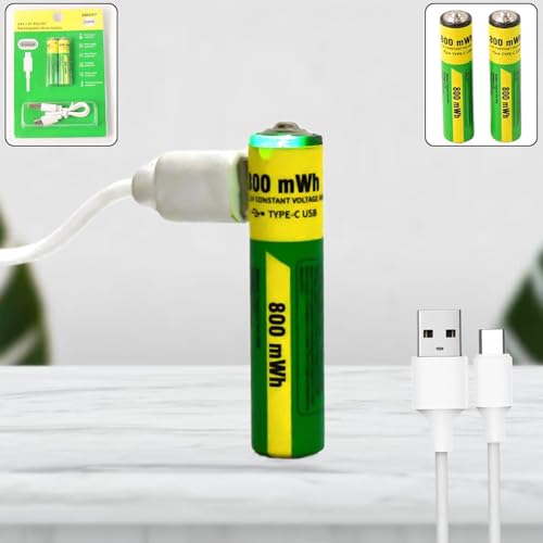 Image of AAA Rechargeable Battery 800 mWh & 1.5V Lithium Ion USB Type-C Charging Cell, Triple A Direct Charge Battery with LED Indicator, Fast Rechargeable Battery for Remote, Mouse, Toys (1 Pair)