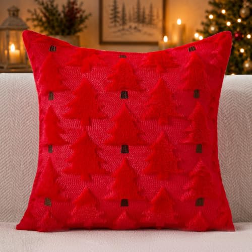 Image of Allorry Christmas Pillow Covers 18x18 inch Set of 2 Christmas Decorations Soft Plush Faux Fur Wool Red Christmas Tree Throw Pillow Cases Winter Holiday Decor for Sofa Living Room PT012Q18