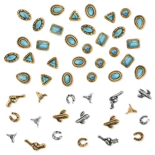 50 PCS Turquoise Nail Charms - 3D Western Nail Charms Vintage Turquoise Gems Stones Art Retro Metal Gold Silver Cowboy Cowgirl Western Art Stickers Accessories Women DIY