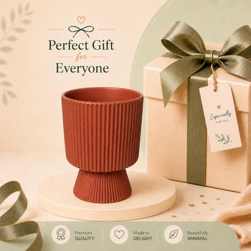 Image of Xtore Bold Pedestal Ceramic Planter Pot for Indoor Plants | Ribbed Elevated Flower Pot for Home, Office Desk & Balcony Decor (Terracotta Red - Planter only)