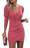 ORANDESIGNE Kleid Damen Schlank Dünnes Kleid Einfarbig Pailletten Tiefer V-Ausschnitt Lange Ärmel Enger Rock Kurzes Kleid Frauen A Rosa XL