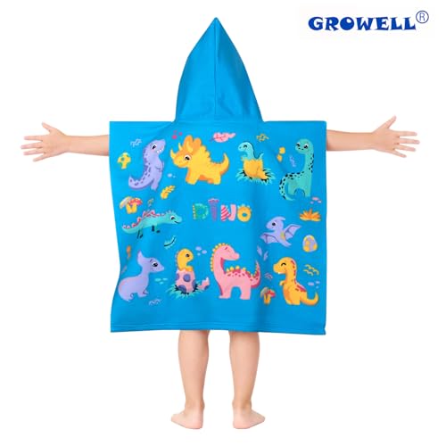 Image of growell Hooded Kids Beach Towels - Toddler Bath Towel Girls Boys Swim Cover-ups for Ages 1 to 6 Kids Pool Towels Quick Dry Lightweight Soft Microfiber Poncho Towel 24x23 (Dinosaur Sky Blue)