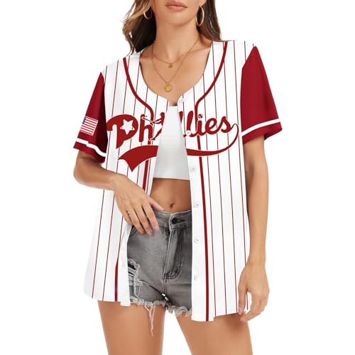 Baseball Button Up Shirt for Women Quick-Dry Sporty Team Style Fan Jersey Graphic Short Sleeve Tops for Game Day(Red S)