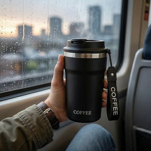 Image of Travel Coffee Tumbler with Lanyard - Insulated Stainless Steel Mug, Leak-Proof, Keeps Hot 6H & Cold 8H - Black, 400 ML