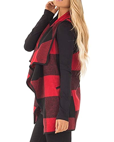 Women Sleeveless Cardigan Coat Lapel Open Front Plaid Vest Women Coat with Pockets4