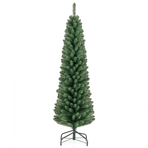 COSTWAY 5FT/6FT/7FT/8FT Green Pencil Slim Christmas Tree, Traditional Artificial Xmas Tree with Metal Stand, Christmas Decoration and Gift (5FT-with 295 Tips)